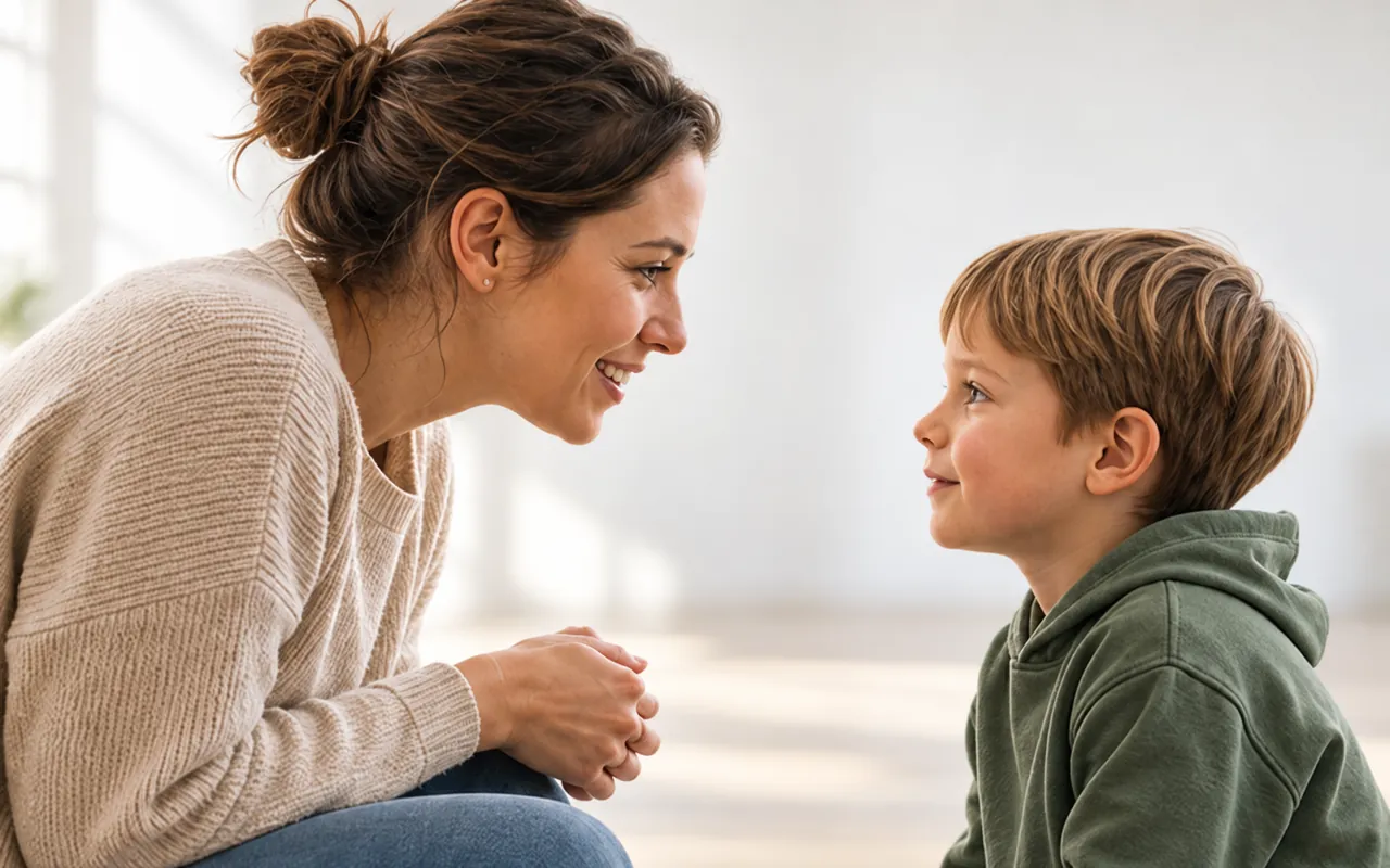Sozialpädagogische Assistenz im Gespräch auf Augenhöhe mit einem Kind