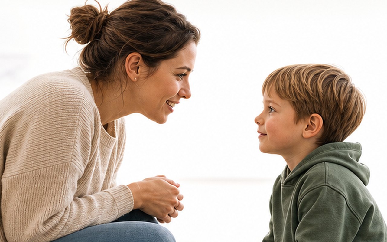 Sozialpädagogische Assistenz im Gespräch auf Augenhöhe mit einem Kind